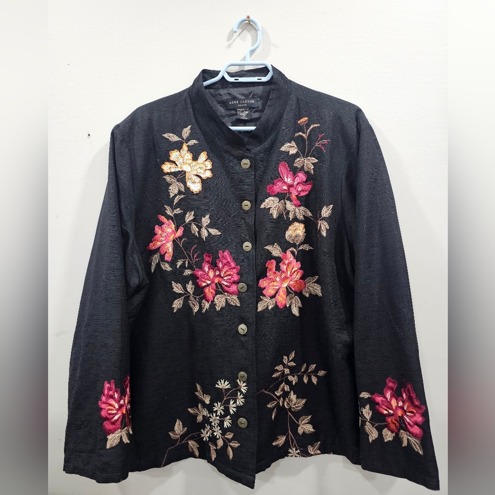 Anne Carson Black Jacket with Vibrant Floral Embroidery